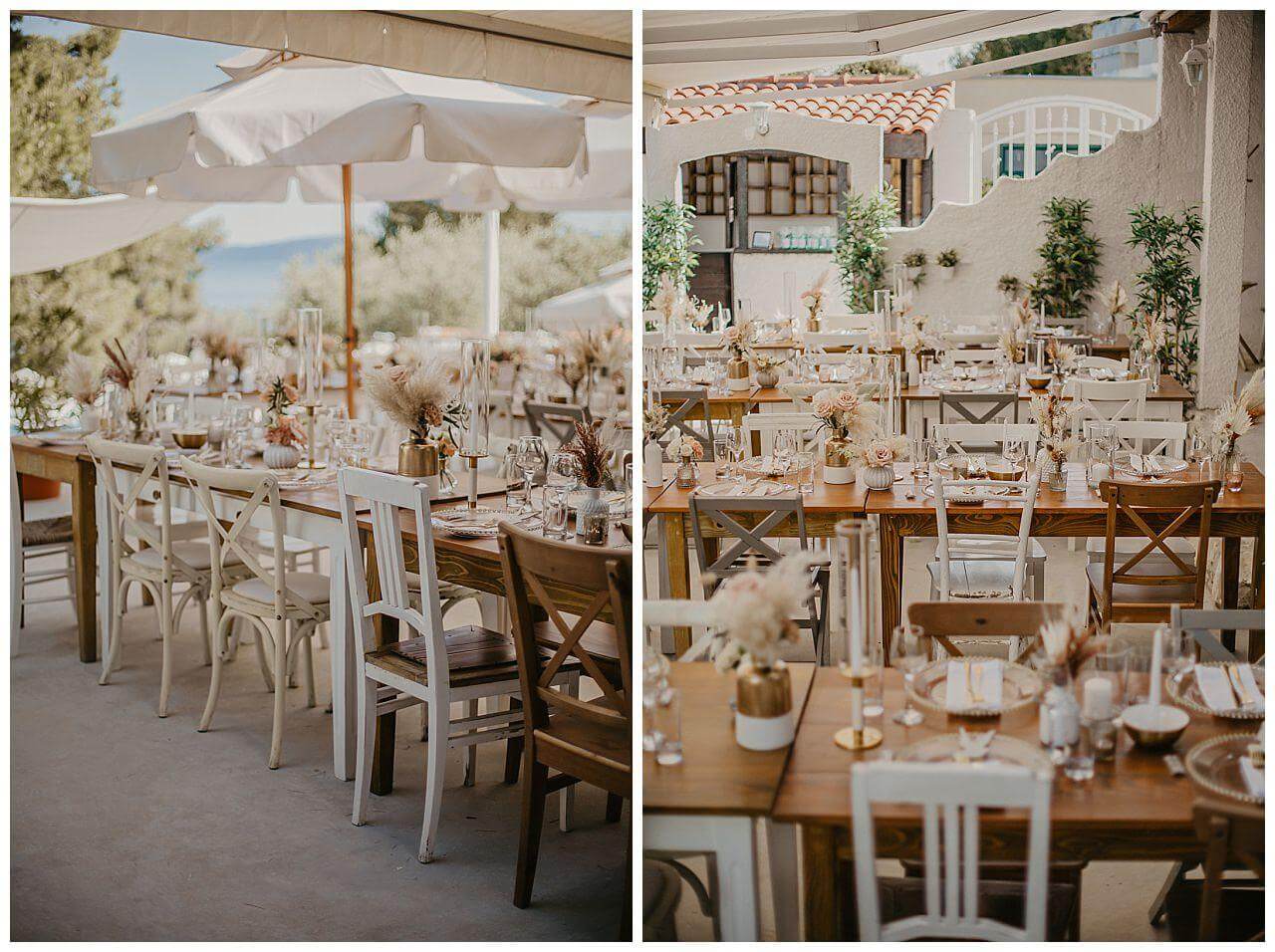 Tischdekoration in Neutralen Farben in beige und weiß mir Gold-Bronze Akzente bei einer Hochzeit in Kroatien in Split