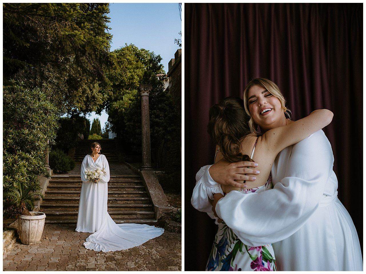 Braut in weiß mit weißen Brautstrauß vor Steintreppe und Braut mit Brautjungfer bei ihrer Hochzeit in Istrien Kroatien