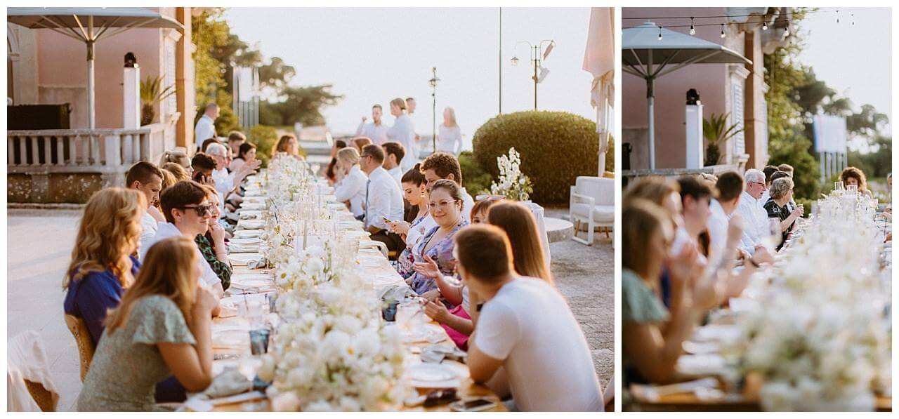Hochzeits Essen mit Tischdekoration in weiß bei einer Hochzeit in Istrien Kroatien