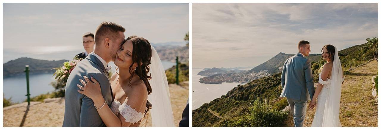 Brautpaar an Klippe mit blick aufs Meer in Kroatien in der Stadt Dubrovnik