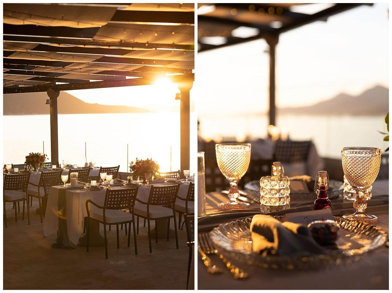 Gedeckter Tisch und Nahaufnahme von Gläsern in einer Hochzeit in Dubrovnik
