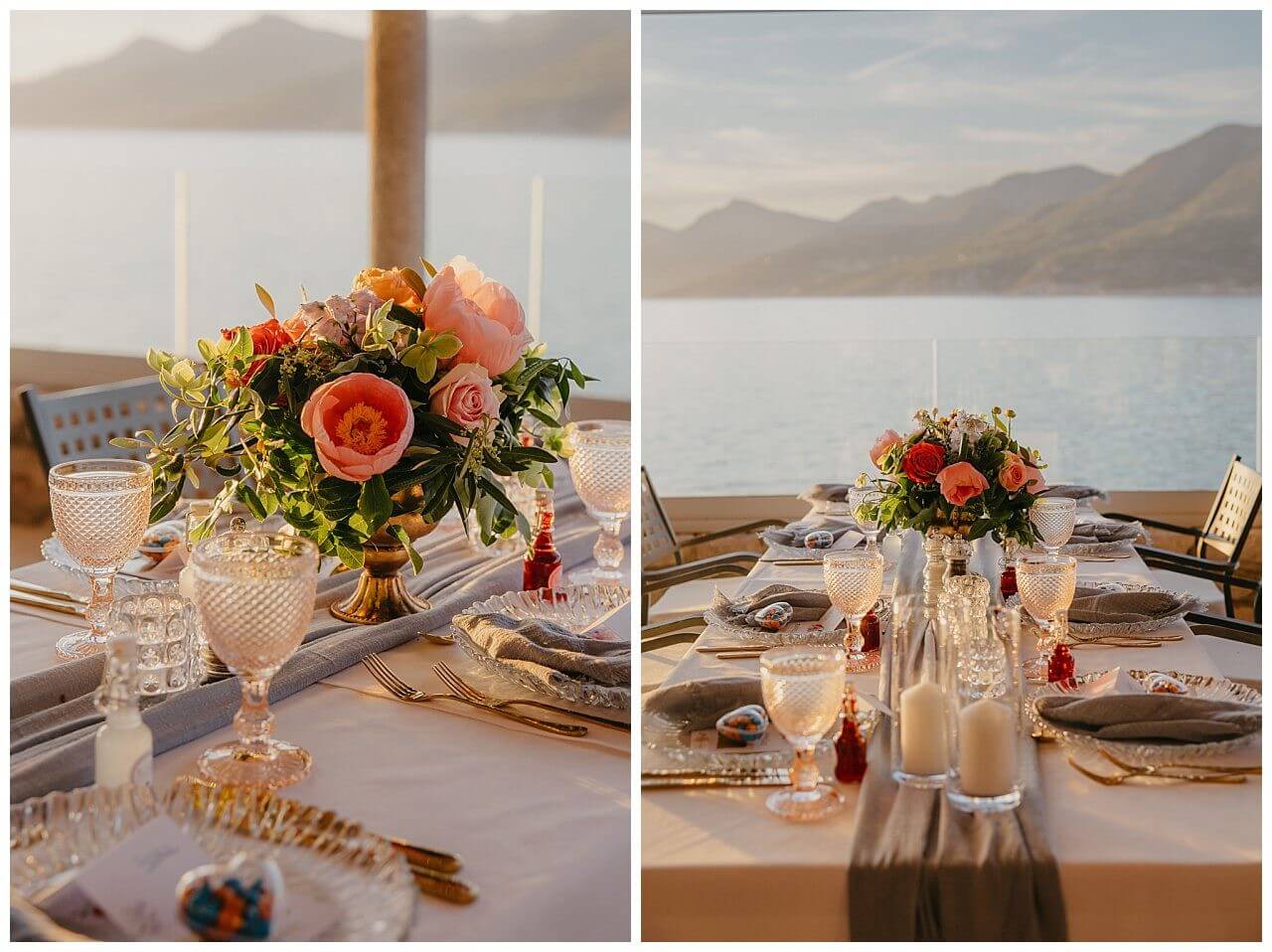 Gedeckter Tisch mit Blumenstrauß auf einer Hochzeit in Dubrovnik