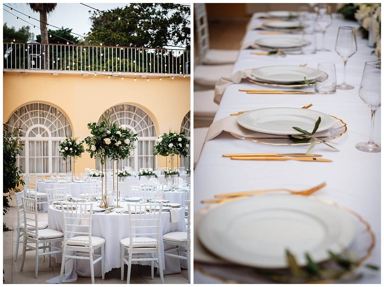 Hochzeits Tischdekoration in weiß Gold bei einer Hochzeit in Split Kroatien