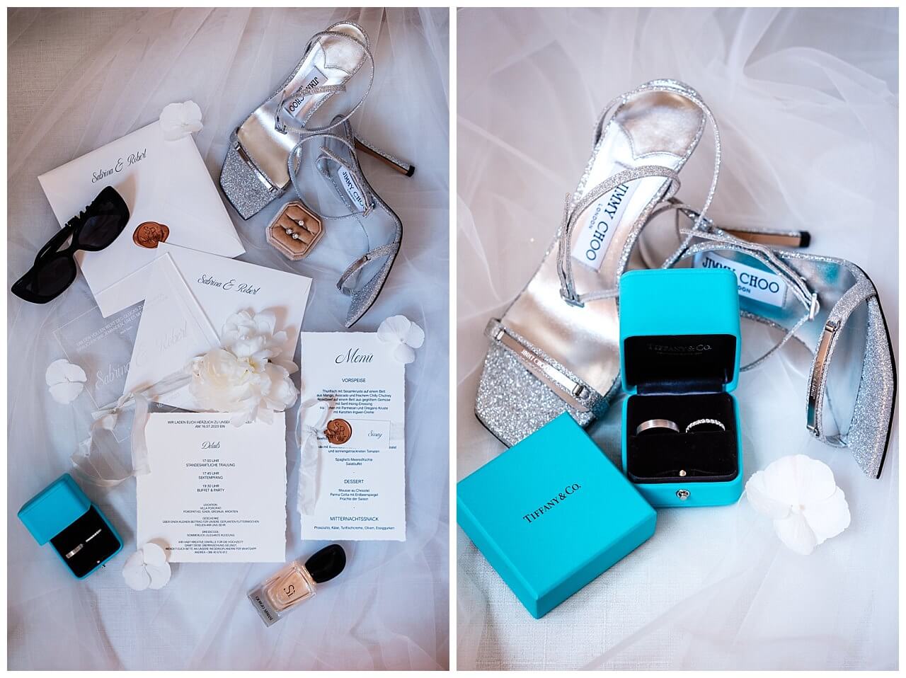 Hochzeits Einladung, Menü in weiß schwarz mit Bronze Siegel und Eheringe in Türkiser Ring box