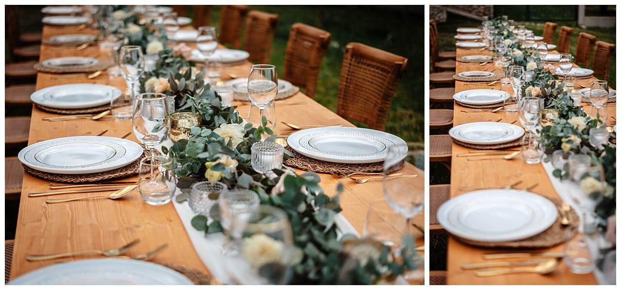 Tischdekoration braun grün Gold Bronze bei einer Hochzeit in Istrien Kroatien