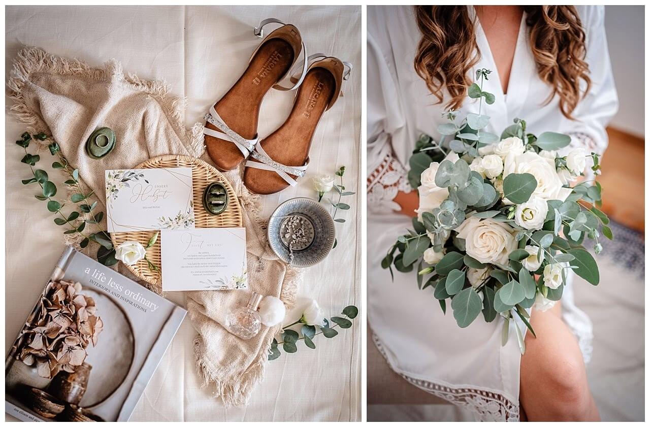 Hochzeits Einladung in weiß mit Blättern und Goldener Schrift und Brautstrauß mit weißen Rosen für eine Hochzeit in einer privaten Villa in Kroatien