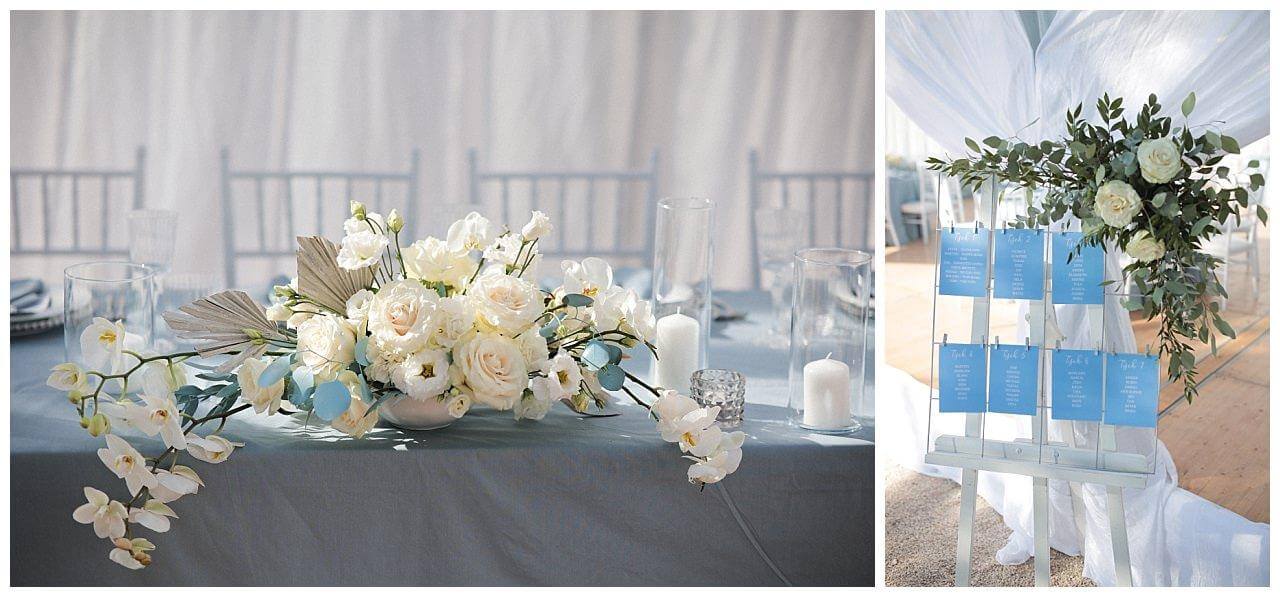 Tischdekoration weiße Rosen und Sitzplan in weiß blau mit Weißen Rosen bei einer Hochzeit in Kroatien
